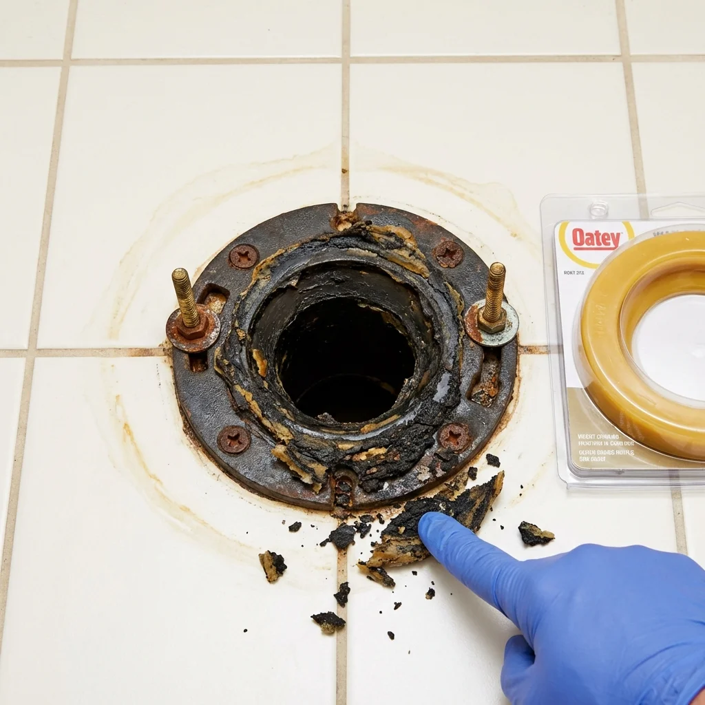 Failed wax ring showing water seepage at the base of a toilet in a Luquillo, PR home